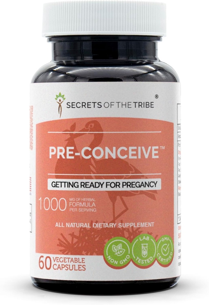 Secretos de la Tribu Preconceive, 60 cápsulas, 1000 mg, Vitex, Raspberry roja, Cohosh negro, Clover rojo, Peony blanco, Shatavari. Preparándose para pregancia 60 cápsulas