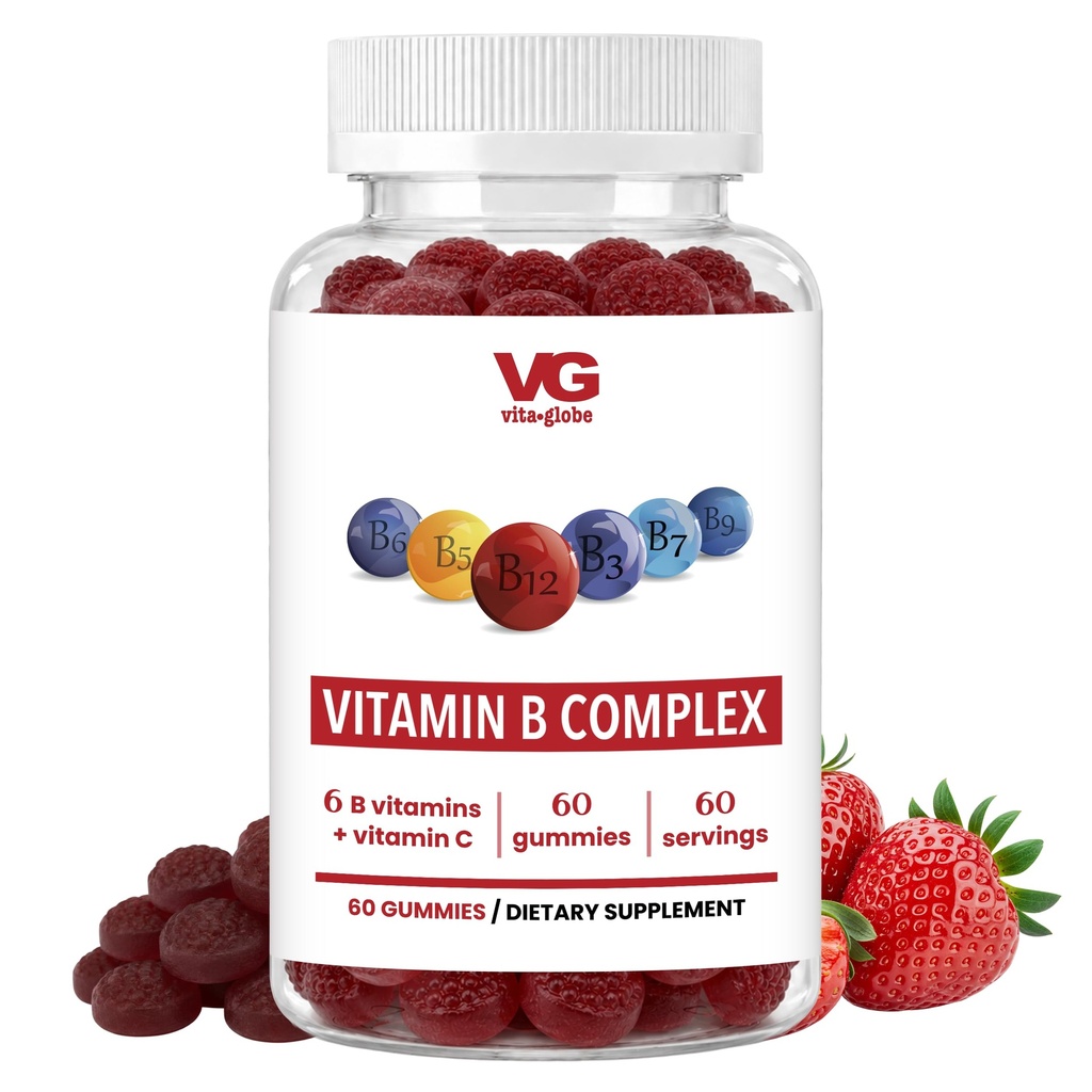 VITA GLOBE B Complejo Gummy Vitaminas – Sabor de Fresa con Vitamina C, Niacina, B6, B12 &amp; Biotin ← Suplemento diario para la energía, metabolismo " Apoyo cognitivo TEN 60 Gummies (Pack of 1)