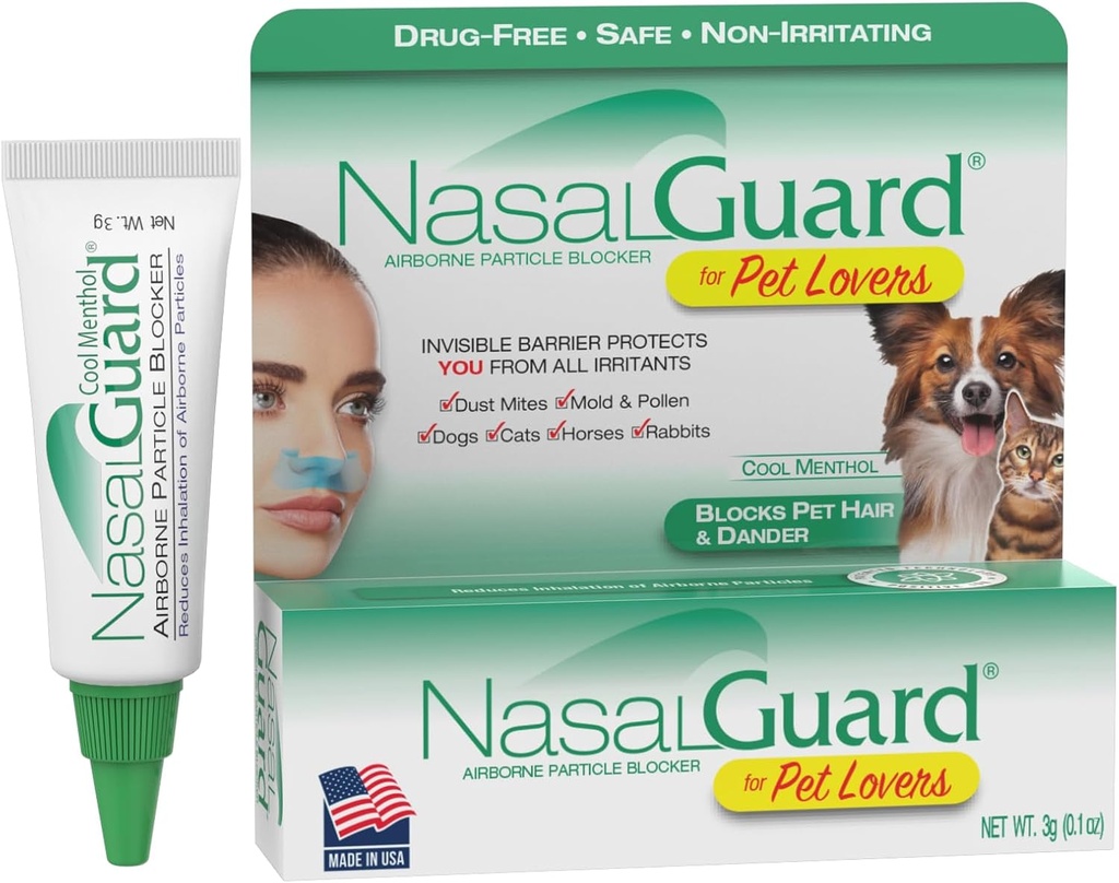 Airborne Particle Blocker Gel for Pet Lovers – Helps Reduce Inhalation of Pet Hair, Dander & Allergens – Drug-Free, Daily Use, Made in USA (Cool Menthol, 3g Tube)