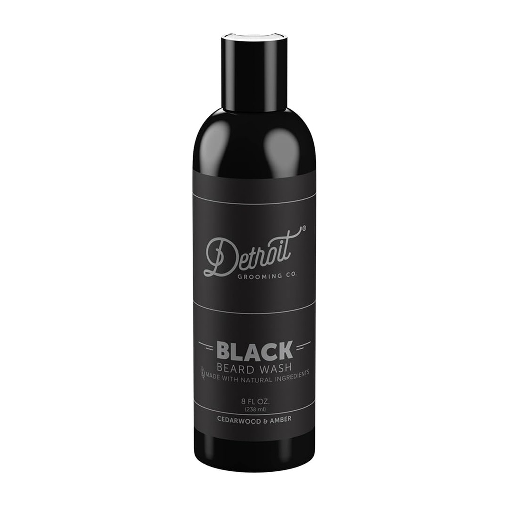 Detroit Grooming Co. Beard Wash - Champú de limpieza profunda de los hombres para barbas y bigotes - Aloe Vera y aceites esenciales para refrescar - Cedarwood &amp; Amber Scent - Black Edition - 8oz