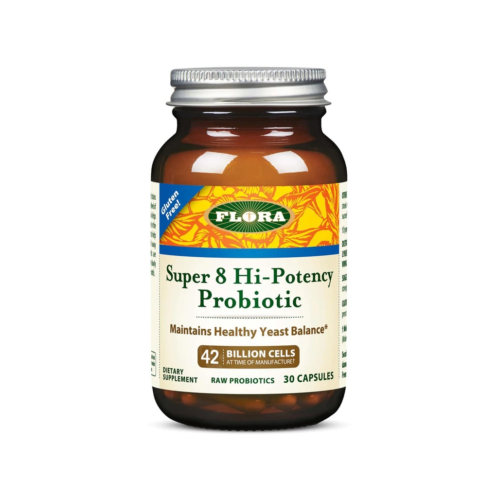 Flora Super 8 Hi Potency Probiotics 30 Count - Healthy Yeast Balance & Digestive Health - for Men & Women - 42 Billion CFU, Raw, Gluten Free - Up to 1 Month Supply