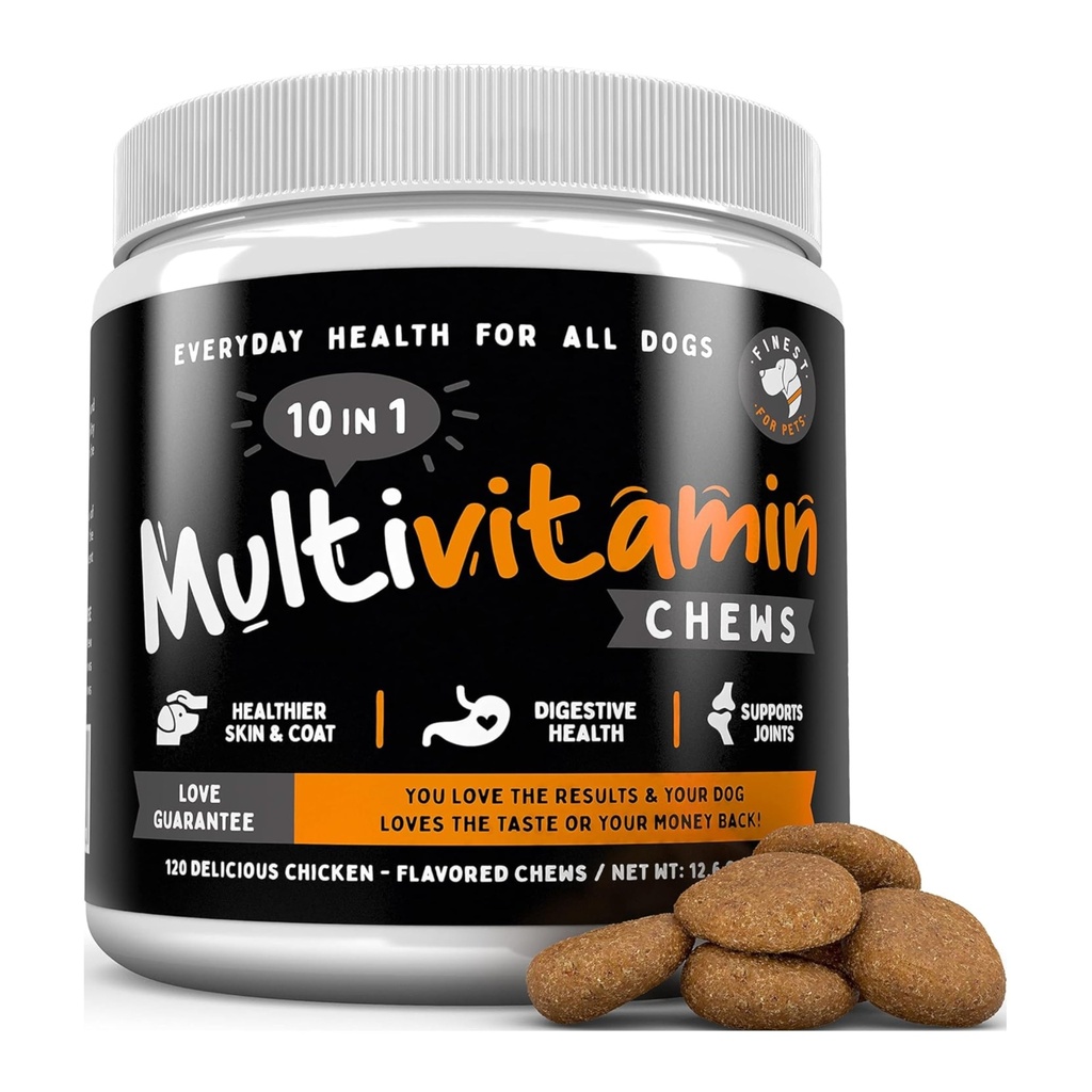 Finest For Pets Multivitamin Dog Supplement – 10 in 1 with Omega Fish Oil & Glucosamine for Improved Joint & Skin Support, Gut, Digestion & Immune Everyday Health (120 Chewable Treats)