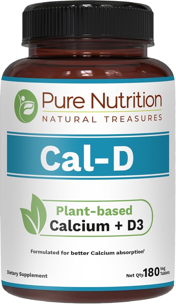 Pura Nutrición Cal D - Calcio con base vegetal con VIT D3 K2 &amp; Magnesio TEN 180 Tabs TEN 500mg Calcium Vegan per Serving ANTE Algae Calcium Supplement for Bone Health
