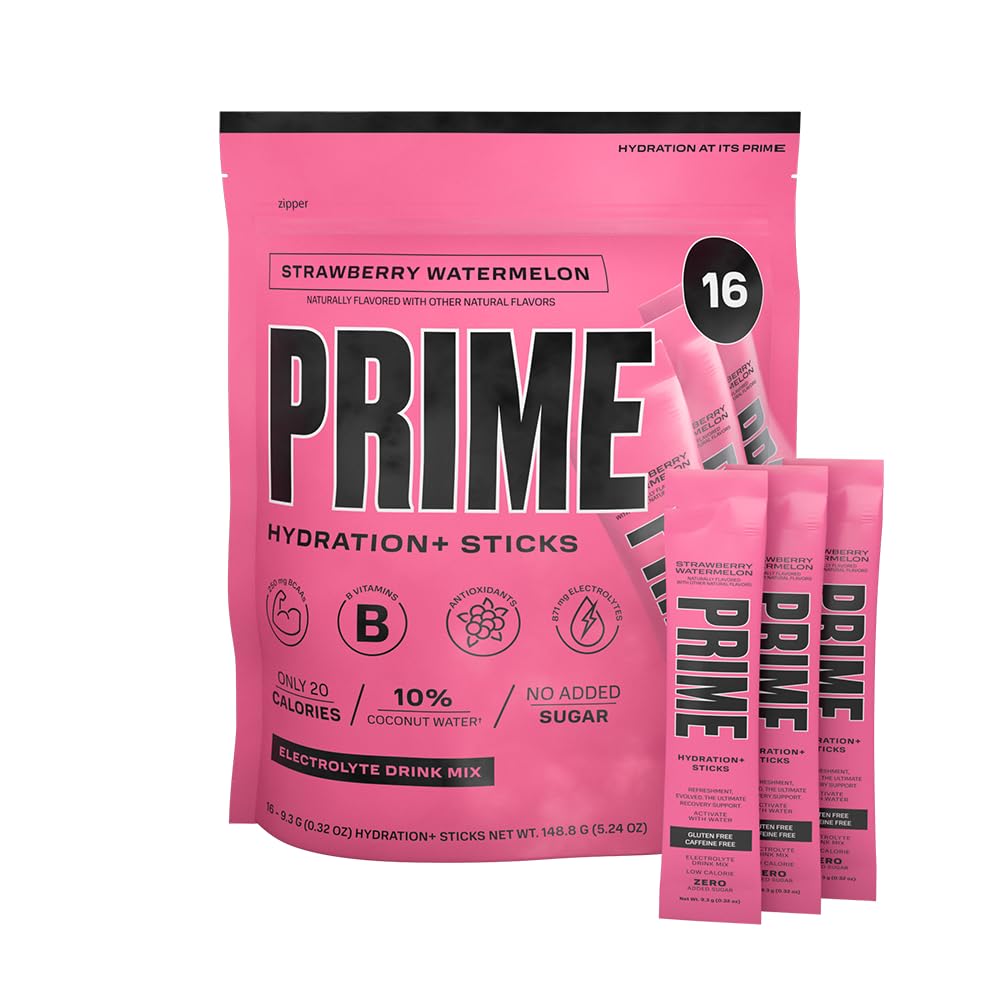 PRIME HYDRATION+ Sticks Strawberry Watermelon ← Hydration Powder Single Serve Sticks ← Electrolyte Powder On The Go TEN Low Sugar TEN Caffeine-Free TEN Vegan TEN 16 Sticks