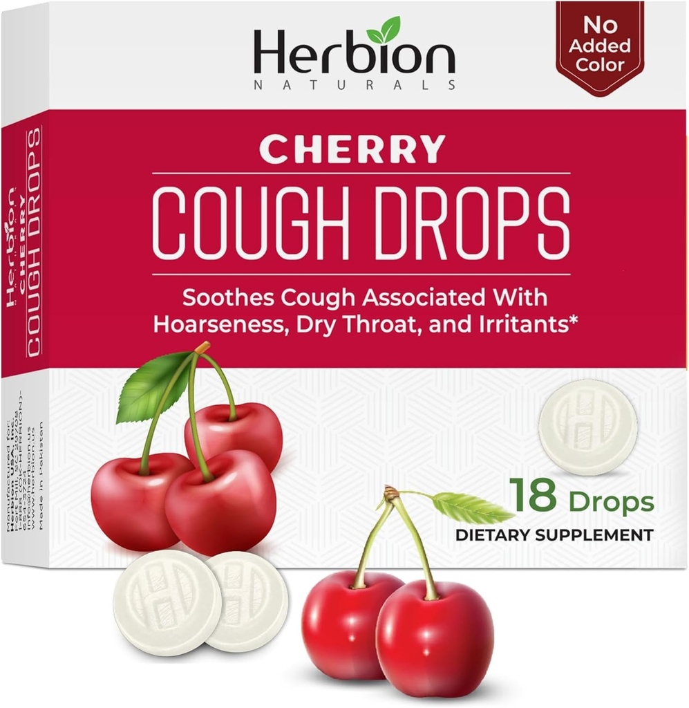 HERBION Naturals Cough Drops, Suplemento dietético, Soothes Cough, para adultos y niños mayores de 6 años, sin sabor artificial, sin color añadido (18 Conde (Pack of 1), Cherry)