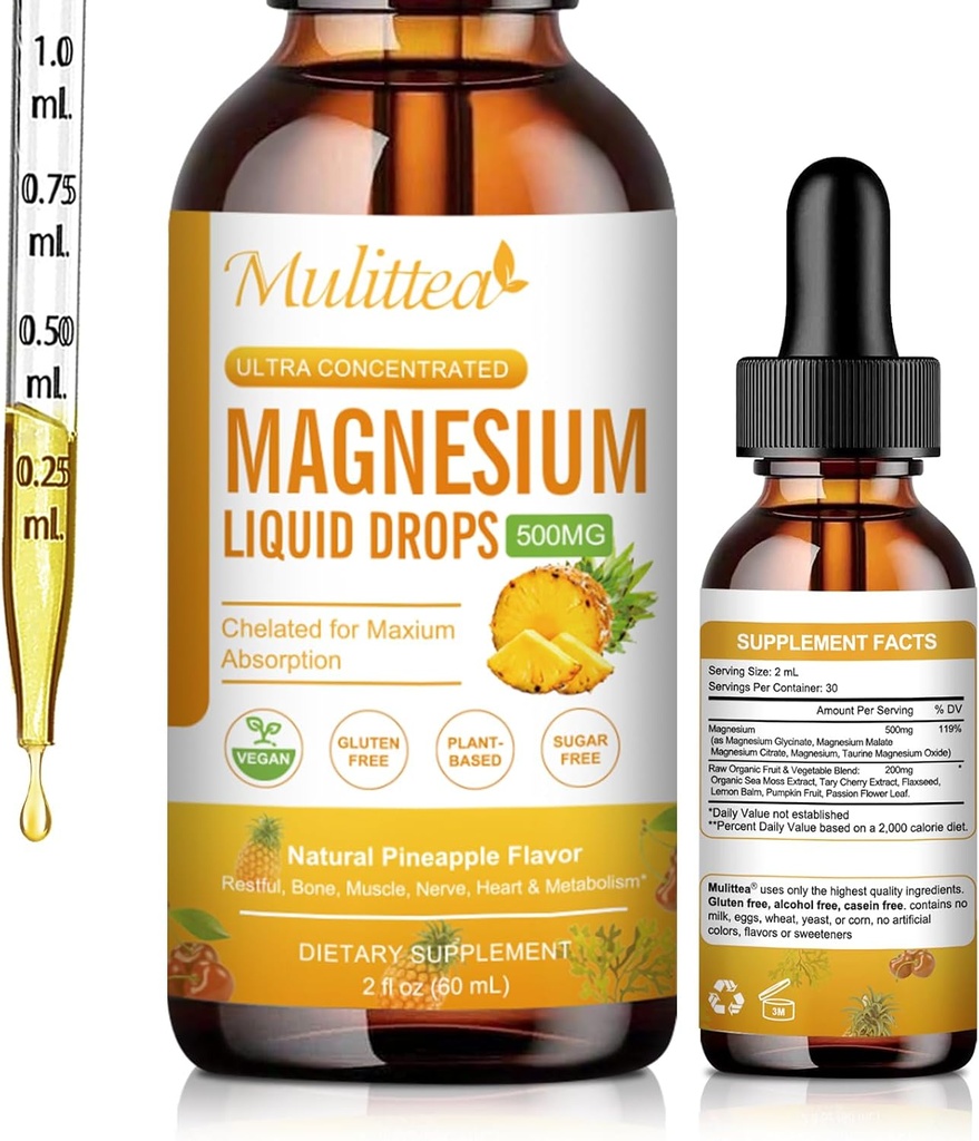 Bombas Líquidas de Magnesio - Alta Absorción 5-en-1 Suplemento Complejo de Magnesio Glycinate, Malate, Citrate, Taurate - para Bone, Muscles, Nerves & Energy - Vegan, Sugar Gratis, 2 Fl.oz