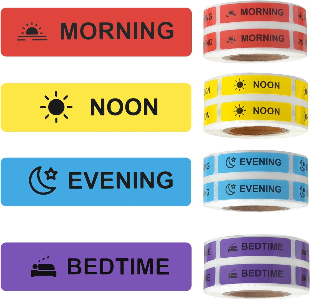 Pegatinas de medicina Instrucción de medicamentos Etiqueta de papel permanente AM NOON PM for Pill case Planner 0.4 * 1.6inch (Morning Noon Evening Bedtime)