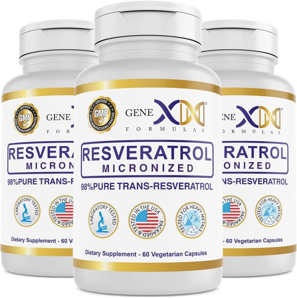 Genex Fórmulas 98% Puro Trans-Resveratrol con BioPerine® para Absorción (3 Pack) Micronizado, Testado por laboratorio, Resveratrol totalmente estabilizado 600mg - 180X Trans-Resveratrol Capsules para el envejecimiento saludable