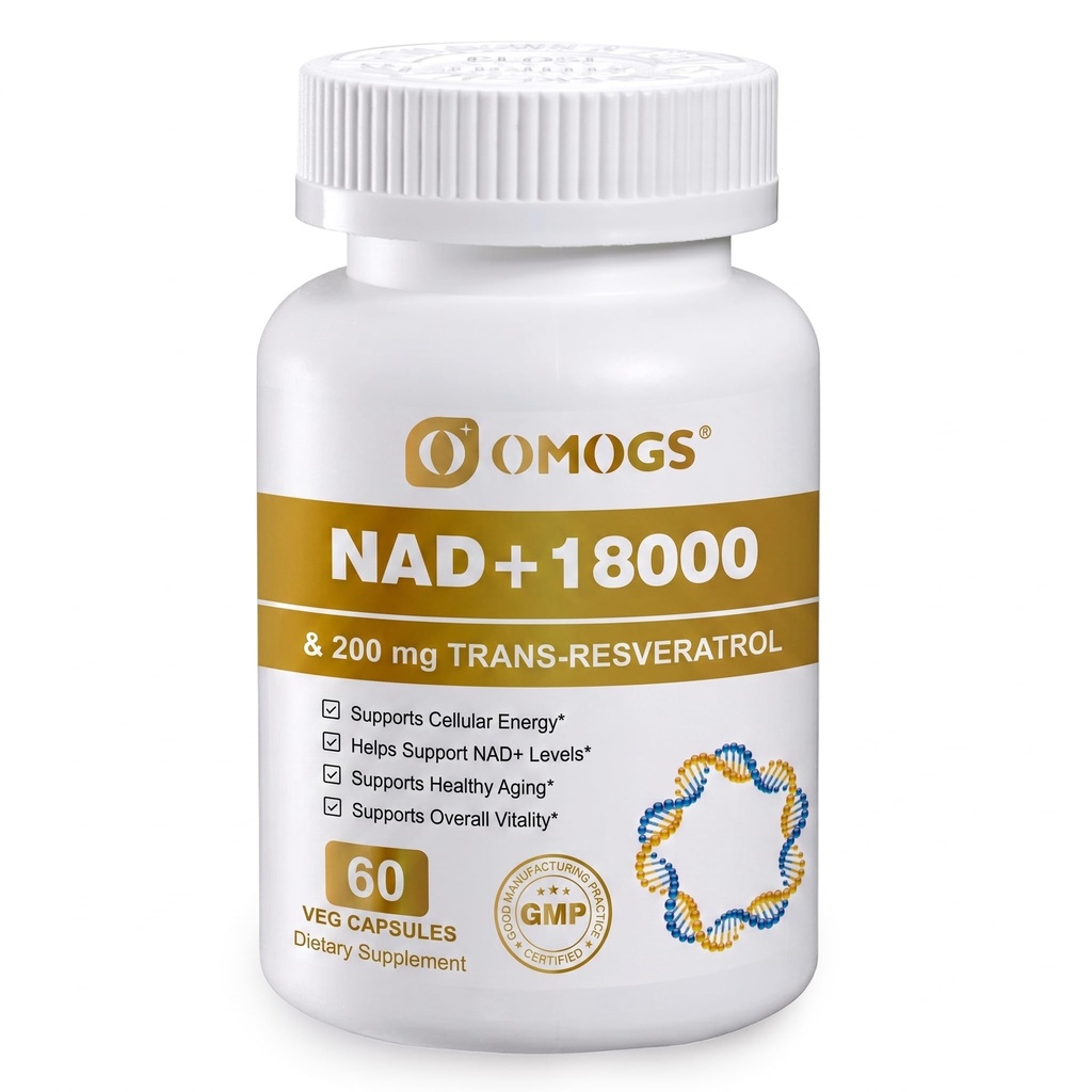 OMOGS NAD+ 300 mg + Trans-Resveratrol 200 mg, Suplemento NAD puro, Max Absorption, Suplemento de bosificación para la reparación de ADN, envejecimiento saludable, energía celular y longevidad, 60 cápsulas