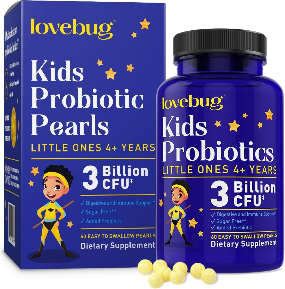 LOVEBUG Probiotics for Kids - Kids Probiotic Chewables with Prebiotics for Aged 4+, Daily Children’s Gut Health, Constipation, Digestive & Immune Support Supplement, Sugar-Free, 60 Soft Pearls