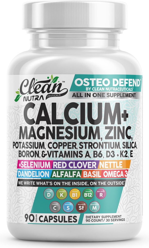Allin1 Calcium Magnesium Zinc Supplement with Potassium, Copper, Strontium, Silica, Vitamin D3 K2, Boron, Vitamin B1 B12 Red Clover Herb Alfalfa Basil Pills for Men & Women Clean Nutra Osteo Defend