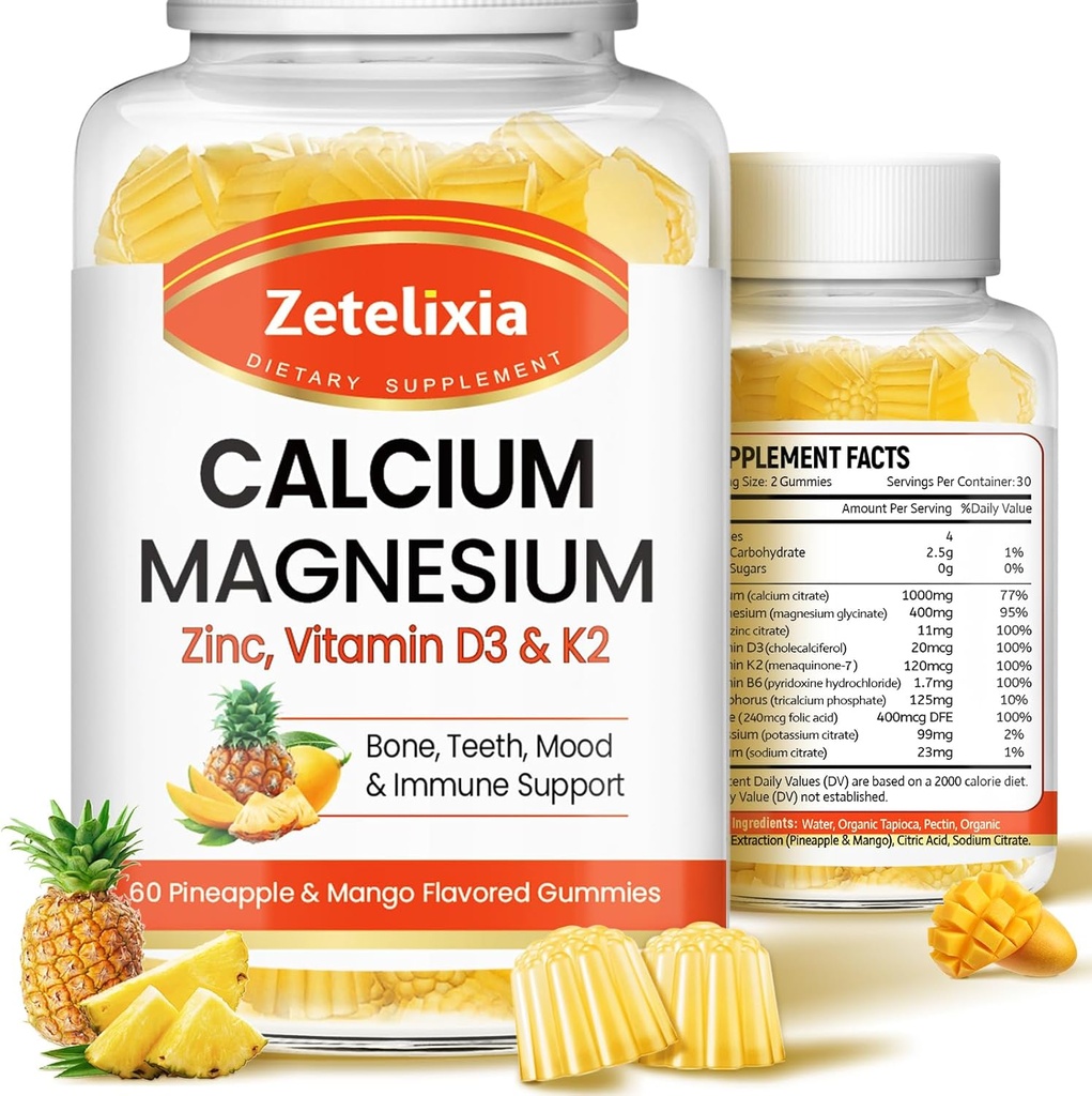 Calcium Gummies for Women Men, Calcium Magnesium Zinc with Vitamin D3 & K2, Calcium Magnesium Supplement for B0nes Muscles, Pineapple & Mango Flavor - 120 Count