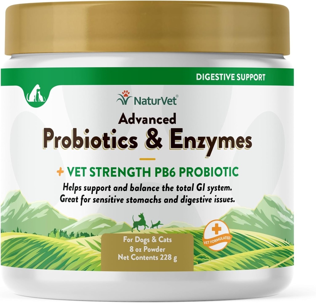 NaturVet – Probióticos avanzados " Enzymes - Plus Vet Strength PB6 Probiótico  tolera Apoyos y equilibrios Mascotas con estómagos sensibles " Problemas digestivos  durable para perros " Cats (8 oz)