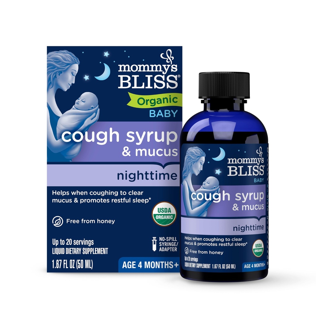 Mami's Bliss Organic Baby Cough Syrup & Mucus Night Time, Contains Organic Agave and Ivy Leaf, Made for Babies 4 month+, 1.67 Fluid Ounces