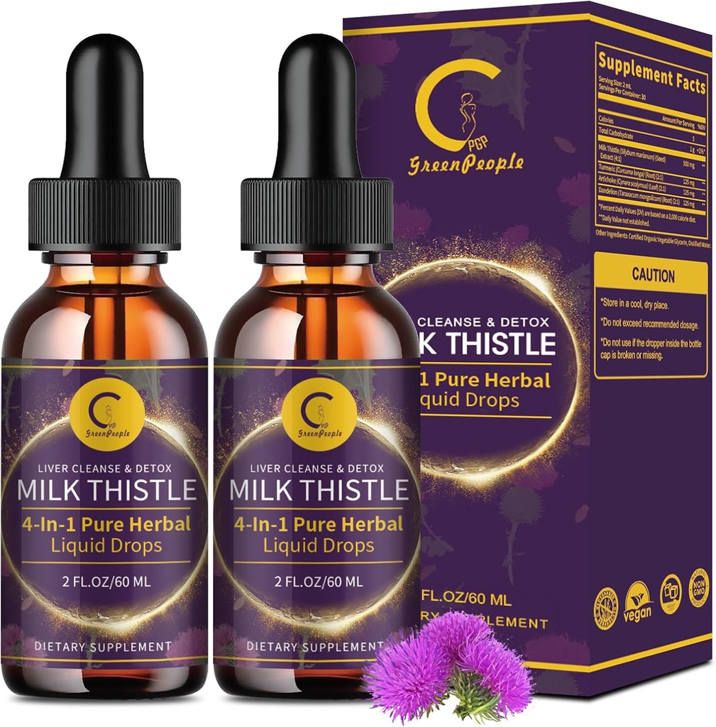 (2 Pack) Milk Thistle Liquid Drops for Liver Cleanse Detox & Repair, Milk Thistle Supplement with Dandelion Root, Artichoke & Turmeric for Liver Support and Immune Health, Vegan, Non-GMO, 4 FL OZ