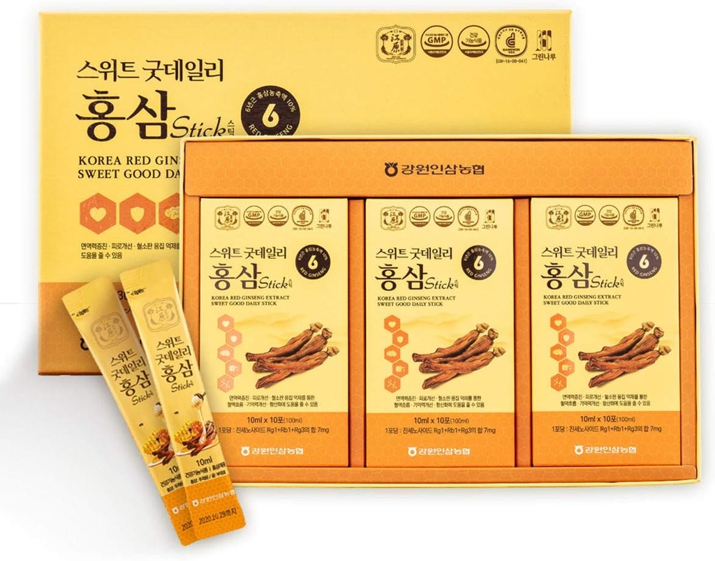 [Gangwoninsam] Coreano Red Ginseng Extracto Sweet Good Daily Stick 30 Contiene 6 años Coreano Red Ginseng Extracto, Korean Food, Individualmente Envasado, 0.35 fl. oz (10ml), 3 X 10-Count Box