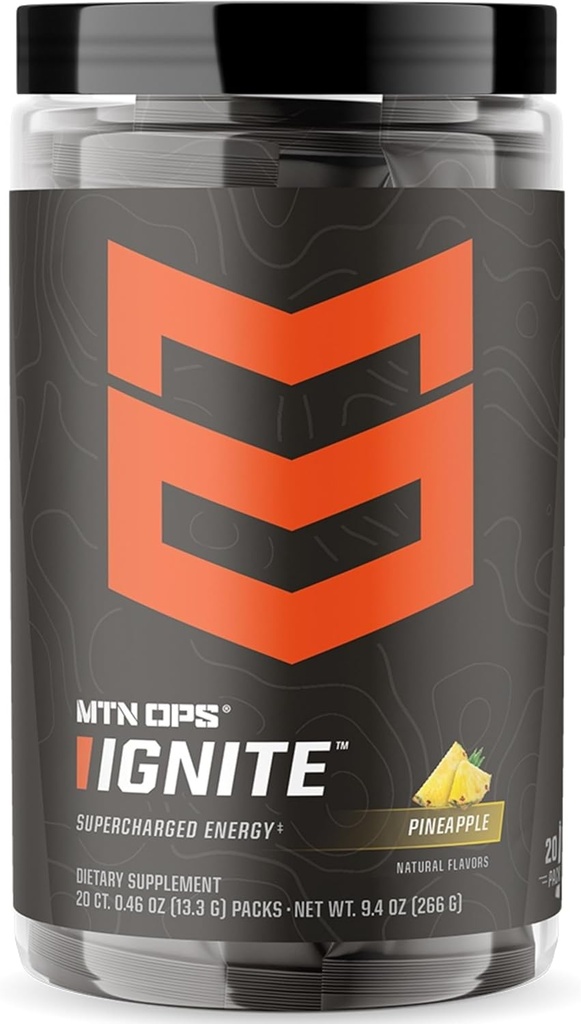 MTN OPS Ignite Trail Packs Energy Drink Powder, Gluten Free Nootropic Supplement Drink Mix, L Arginine, L Citrulline, Caffeine & Nootropic Sugar Free Drink Mix, 20 Servings, Pineapple Crush