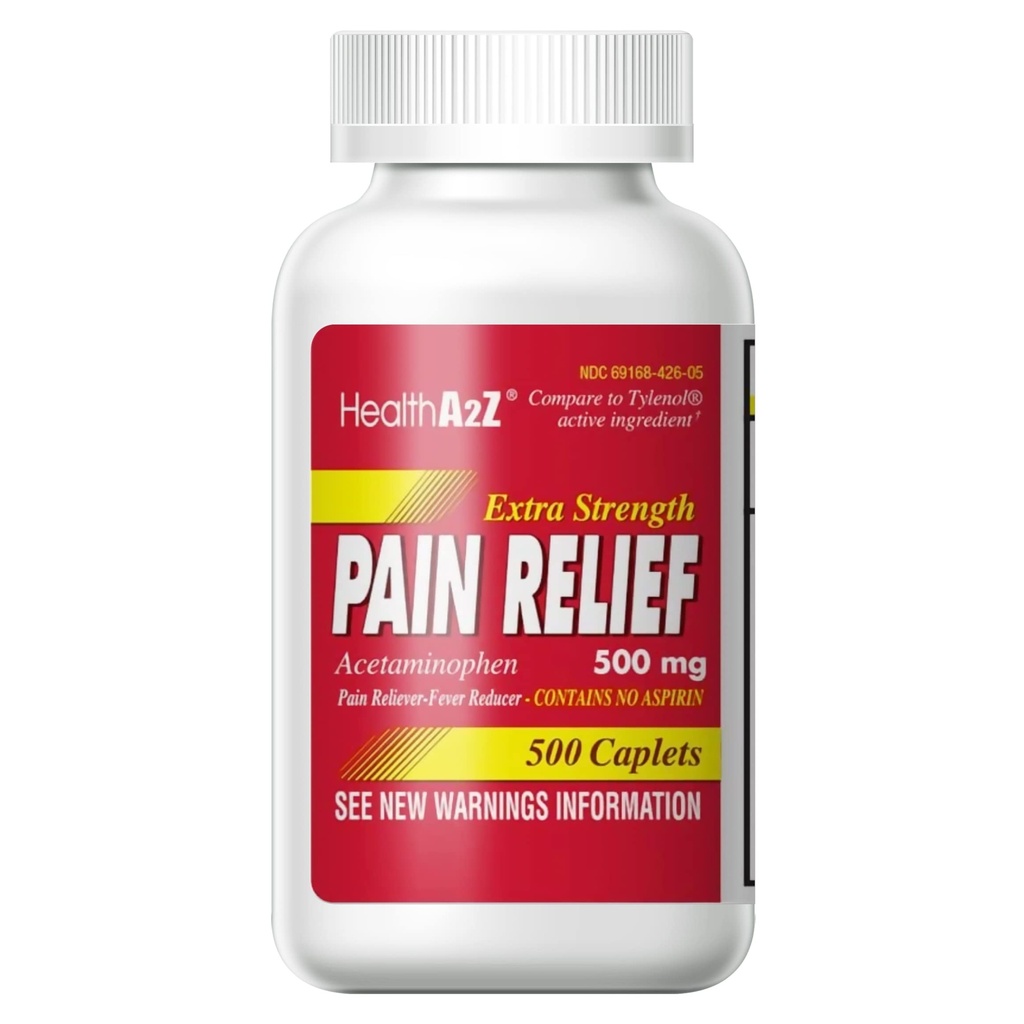 HealthA2Z® Extra Strength Pain Relief, Acetaminophen 500mg, Dye Free, Contains No Aspirin, Fever Reducer, Pain Reliever (500 Count (Pack of 1))