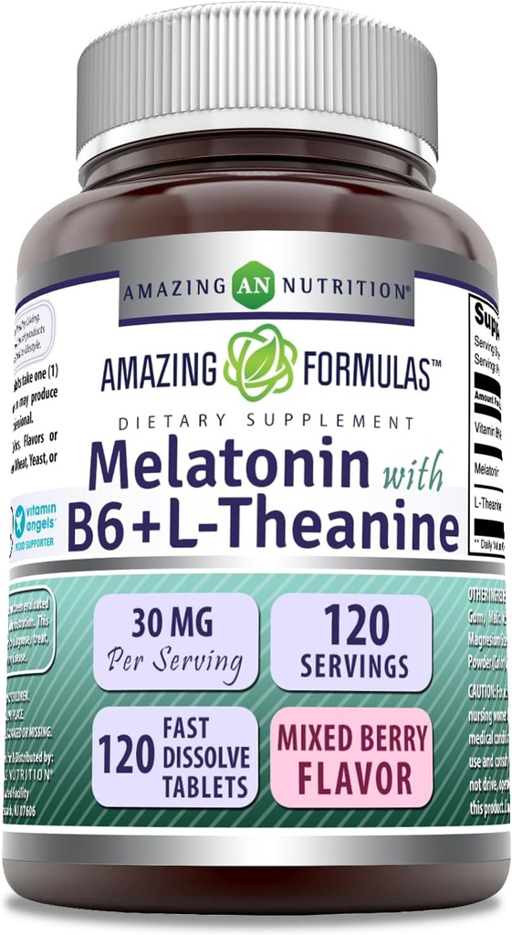 Amazing Formulas Melatonin with Vitamin B6 + L-Theanine Supplement | 30 Mg Per Serving | Mixed Berry Flavor | 120 Tablets | Non-GMO | Gluten Free | Made in USA