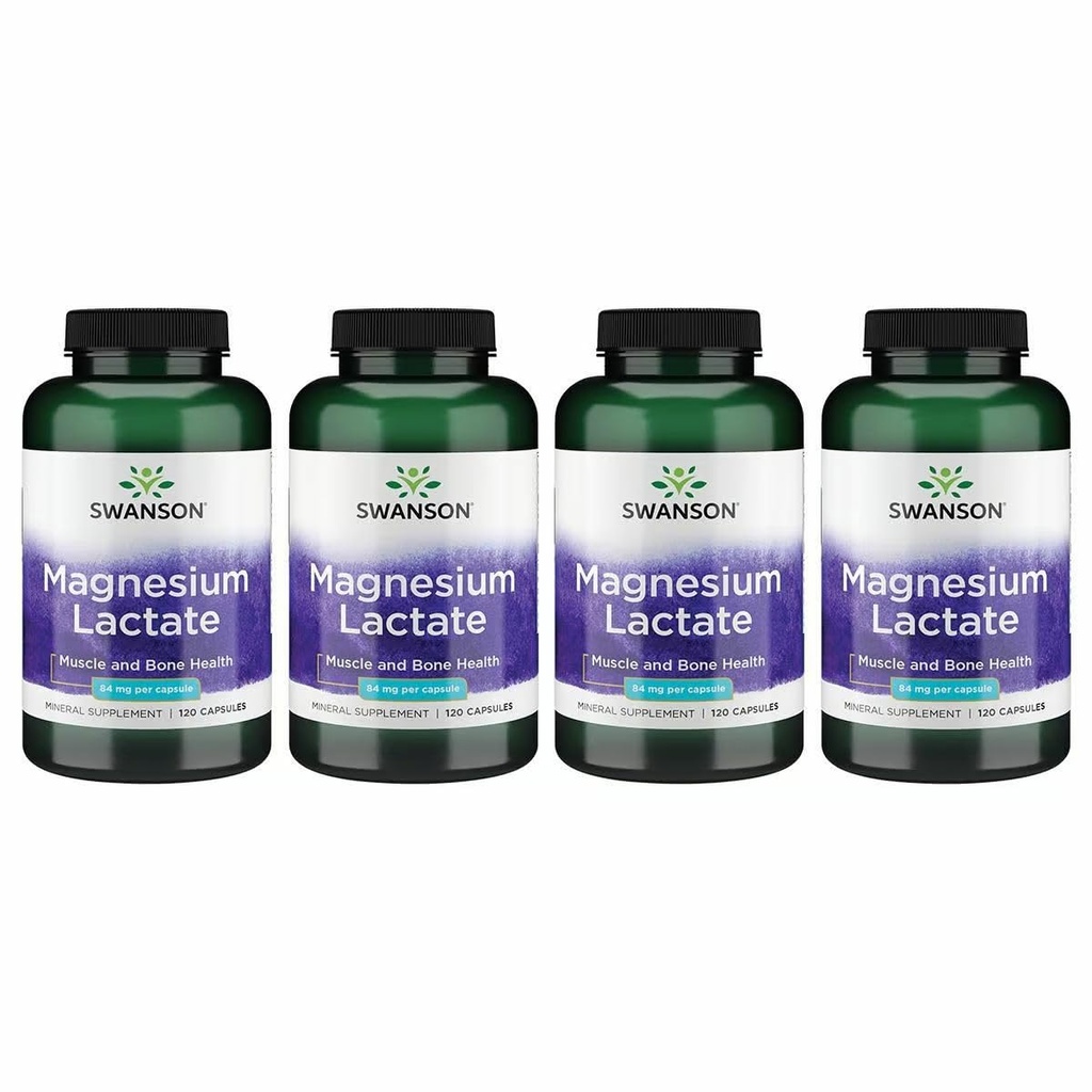 Lactato de magnesio de Swanson - Suplemento Mineral Promoción de la Salud Musculo y Hueso - Forma Mineral Lactada Libre de Lactosa para Absorción Gentil - (120 cápsulas, 84 mg cada uno) 4 Pack