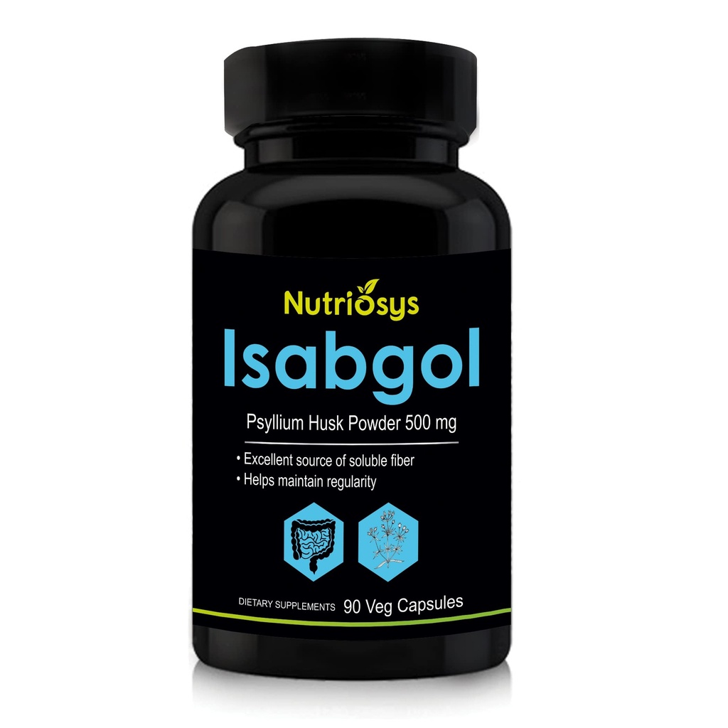 Isabgol Psyllium Husk 500mg Suplemento, excelente fuente de fibra soluble, 90 cápsulas Veg