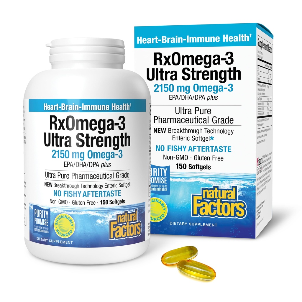 Factores naturales RxOmega-3 Ultra Strength - Suplemento dietético para la salud cerebral - Suplemento de salud ocular con EPA &amp; DHA - Suplemento con ácidos grasos Omega-3 - 150 Softgels (75 Servimientos)
