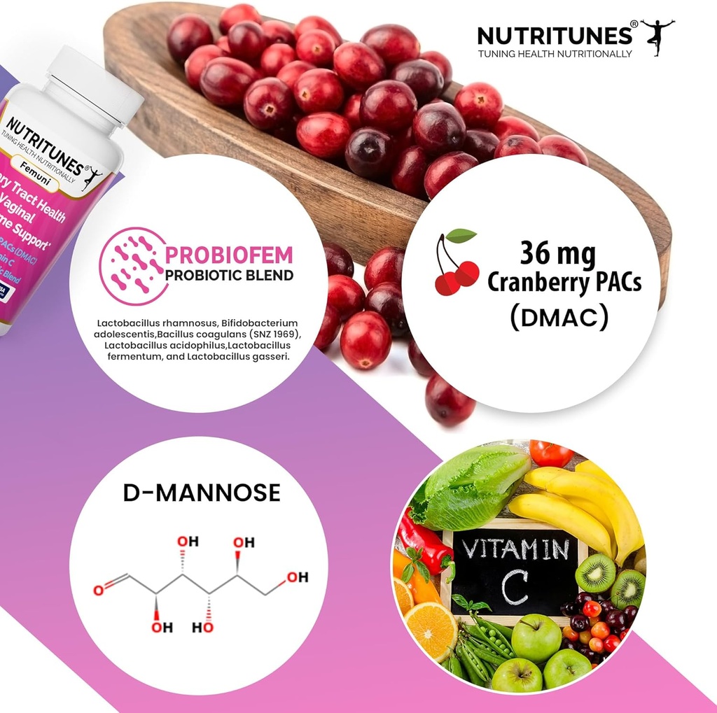 Cranberry PACs with D Mannose Supplements for Women, Vitamin C and Womens Vaginal Probiotic including Lactobacillus and Bifidobacterium strains for Urinary Tract Health - 60 Femuni UTH Capsules