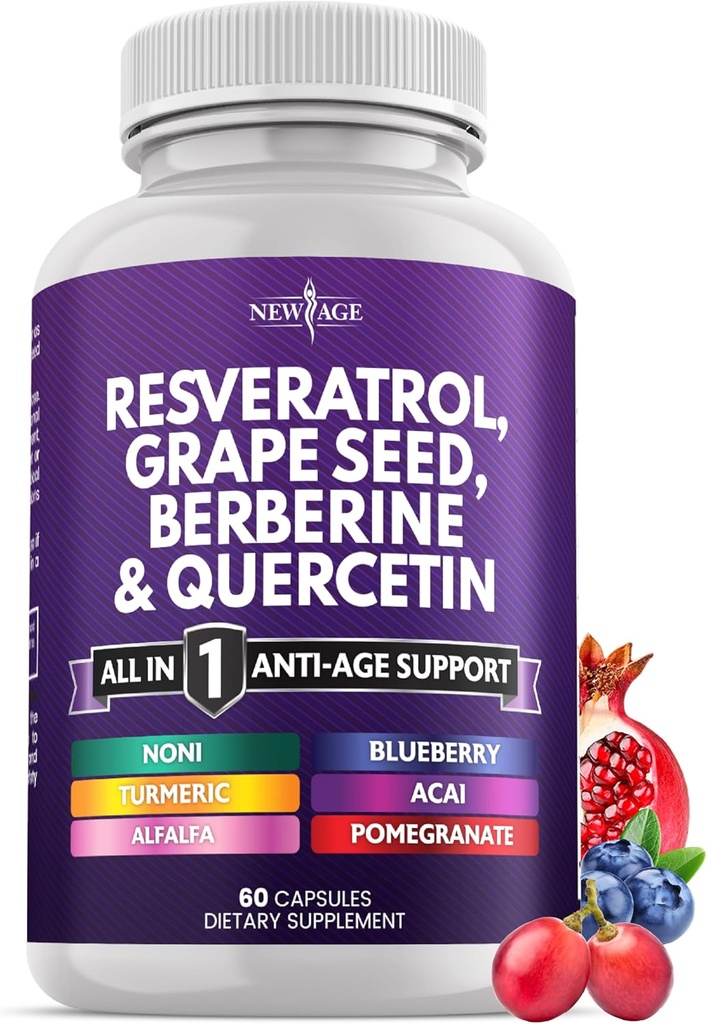 NEW AGE Resveratrol, Berberine, Grape Seed Extract, Quercetin - Polyphenol Supplement for Women and Men with Noni Extract, N-Acetyl Cysteine, Acai Extract - 60 Capsules