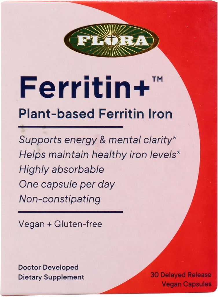 Ferritin+ Suplemento dietético, Hierro de Ferritina Basado en Planta, No GMO, Gluten Free, 30 cápsulas de verduras (Pack of 1)
