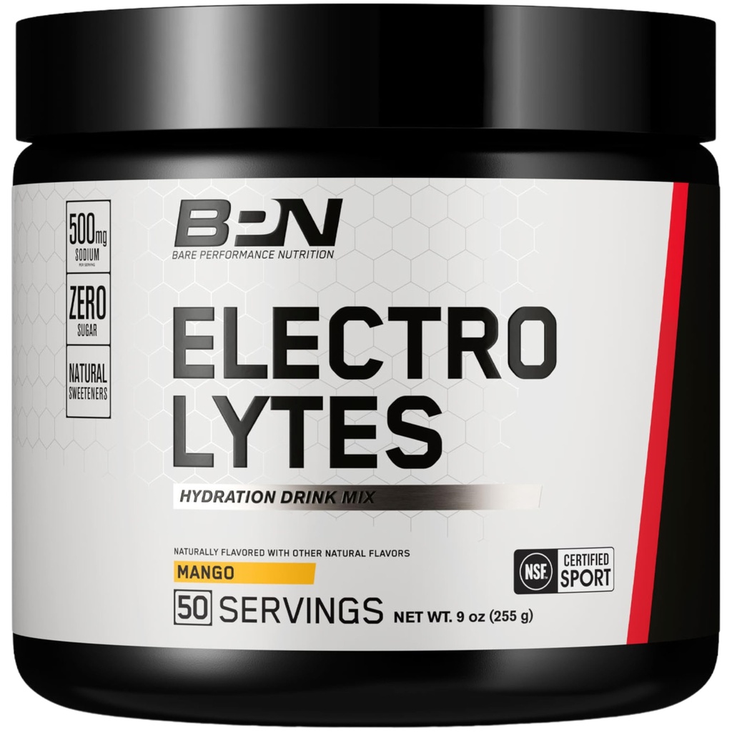 BARE PERFORMANCE NUTRITION BPN Electrolytes Hydration Drink Mix ¦ Sugar Free Electrolyte Powder TEN 500mg Sodium per Serving TEN Naturally Sweetened TEN Mango, 50 Servings