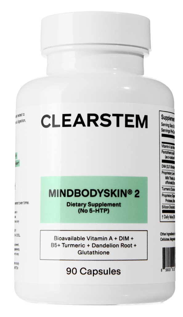 CLEARSTEM - MINDBODYSKIN Hormonal Acne Supplement (No 5-HTP) - Natural DIM Supplement - Skin Care Vitamins - Hormone Balance, Antioxidants - Gluten Free, Cruelty Free - 30 Servings, 90 Capsules
