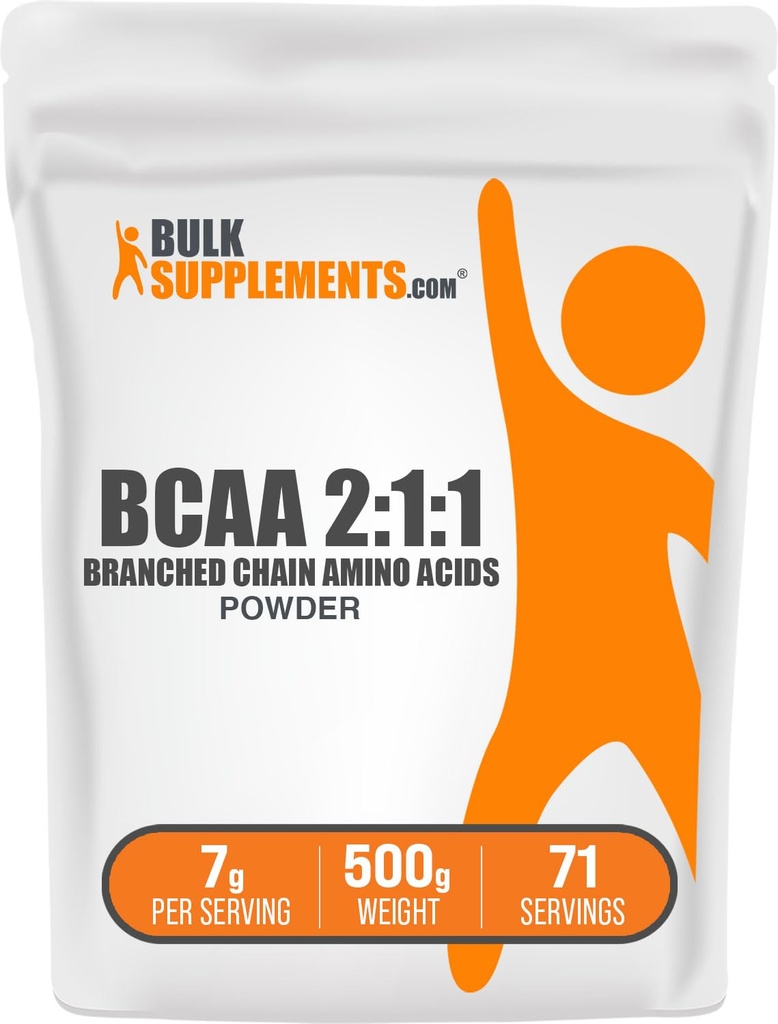 BulkSupplements.com BCAA 2:1:1 Polvo - Aminoácidos de cadena ramificada, BCAAs Aminoácidos Polvo - Sin sabor, 1g por ser, 500g (1.1 libras) (Pack de 1)