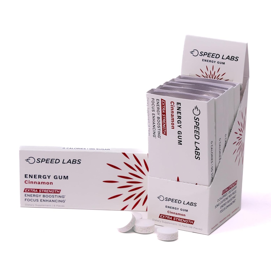 Laboratorios de Velocidad Cinnamon Extra Strength Caffeine Chewing Gum 50mg Caffeine, Taurine, & B Vitaminas Por Piece, 48 Cantidades (6 Packs de 8 piezas) Sugar Gratis, Cero Calorie, No Aspartame, Gluten Free