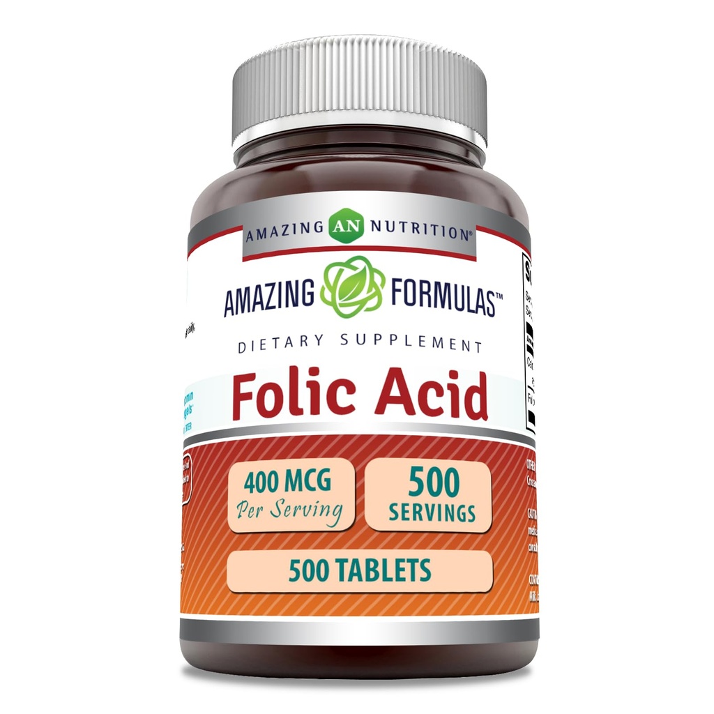 Amazing Formulas Folic Acid (Vitamin B9) 400 mcg  durable Tablets Suplemento ← No-GMO TENIDO Gluten Free TEN Made in USA (1 Pack, 500 Count)