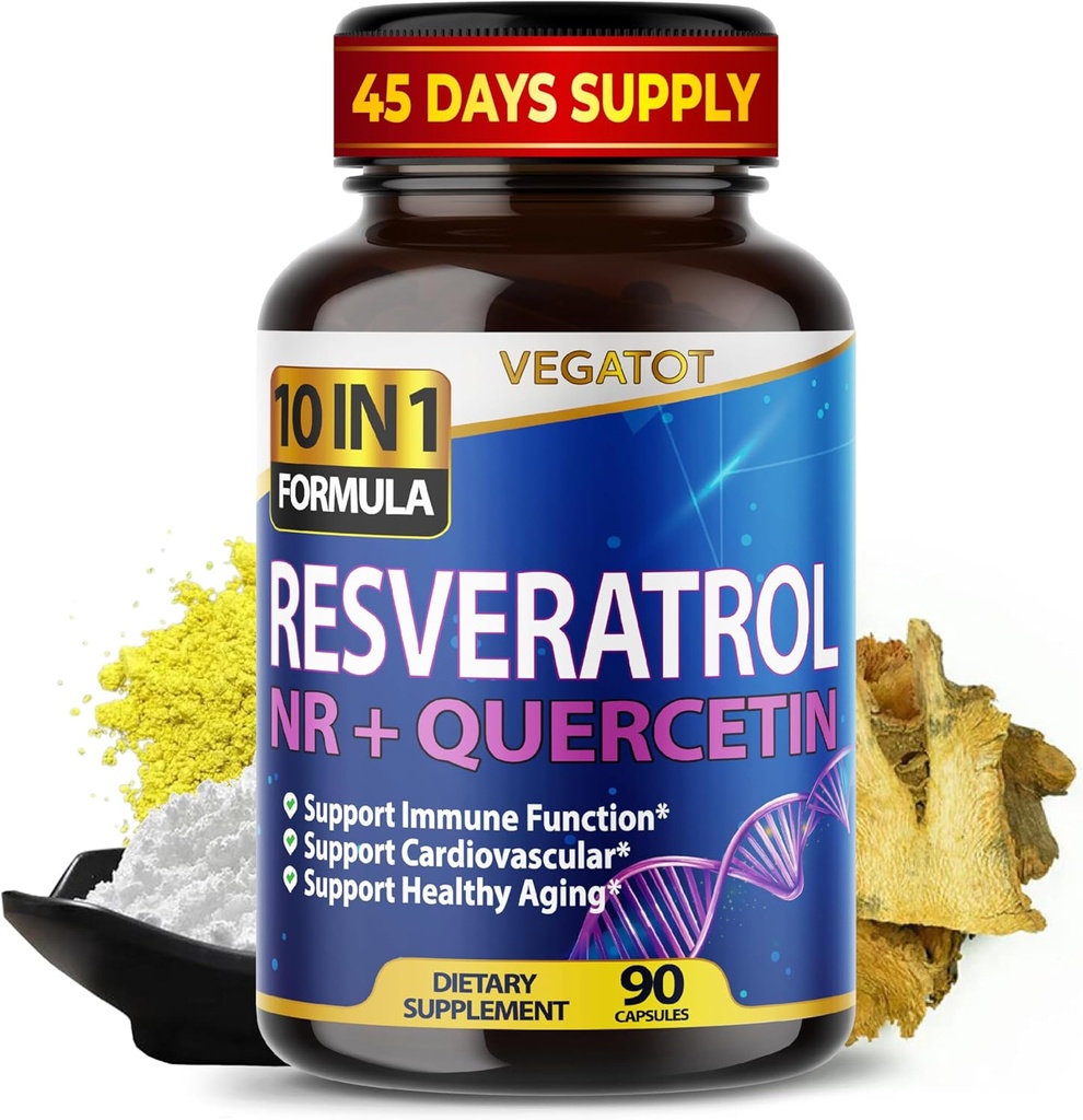 VEGATOT 10 in 1 High Strength Resveratrol with Quercetin Healthy Aging Immune Brain Boost Joint Support (90 Count (Pack of 1))