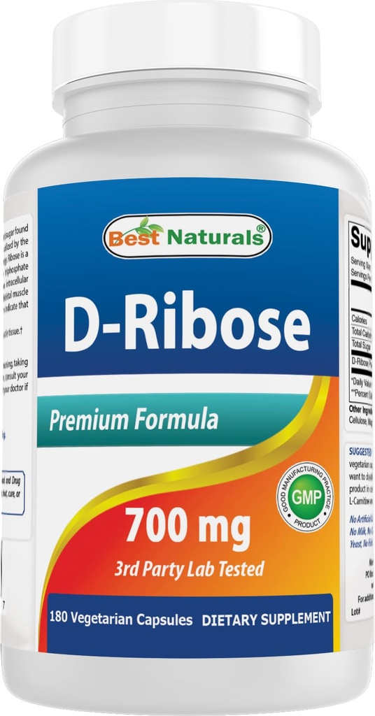 D-Ribose 700mg 180 Vcaps - Producción natural de energía ATP - Fabricado en una instalación certificada GMP con sede en EE.UU. y tercero testado para la pureza. ¡ Garantizado!