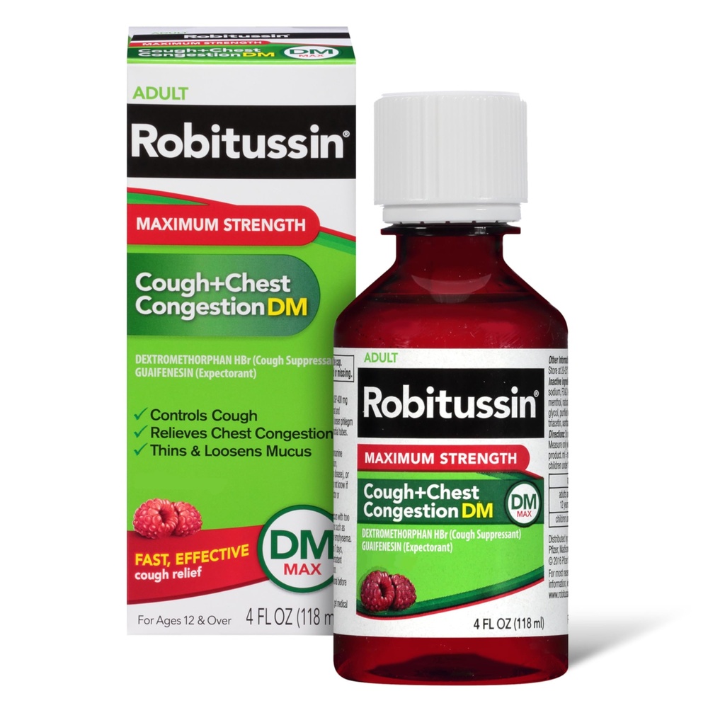 Robitussin Adulto Máximo Tos de Fuerza + Congestión de Chest DM Max (4 fl. oz. Botella), Tos Supresor &amp; Expectorant, Raspberry Flavor