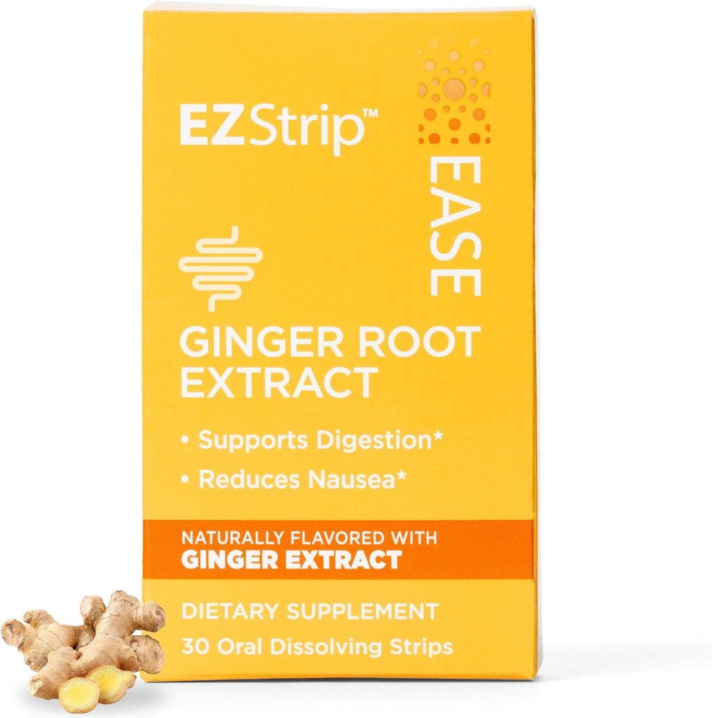 Ease Supplement - Ginger Flavor, 30 Count - Dissolving Strips with Ginger Root Help Support Nausea Relief, Morning and Motion Sickness, and Digestion - Made in The USA, Sugar and Gluten-Free