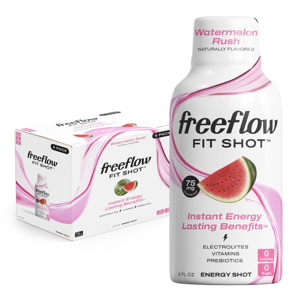 Freeflow Fit Energy Shots, Watermelon Rush, Natural Caffeine Boost con L-theanine, Ginseng, Vitaminas, Prebióticos, Electrolitos (6 Conde, 2oz Shots)