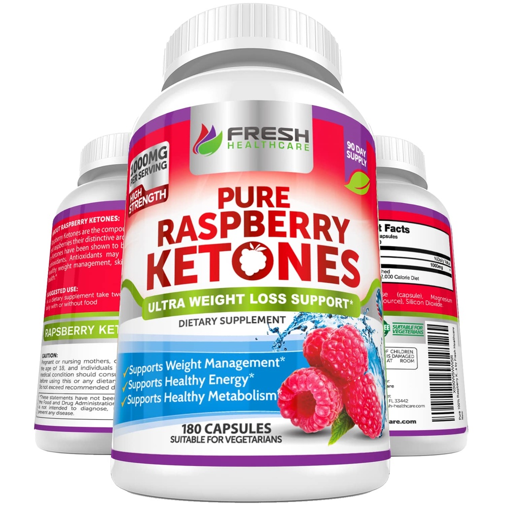FRESH HEALTHCARE Puro 100% Raspberry Ketones Max 1000mg Por Serving - 3 Mes sin GMO - Advanced Weight Loss Support - 180 Capsules