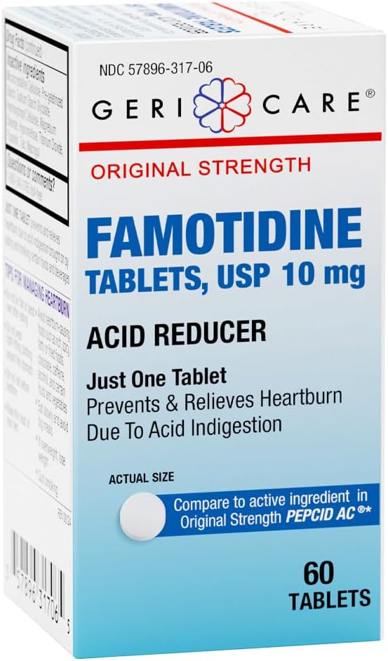 GeriCare Regular Strength Famotidine 10mg Tablets, Acid Reducer, Relief for Heartburn, Acid Reflux and Acid Indigestion, 60 Conde (Pack of 1)
