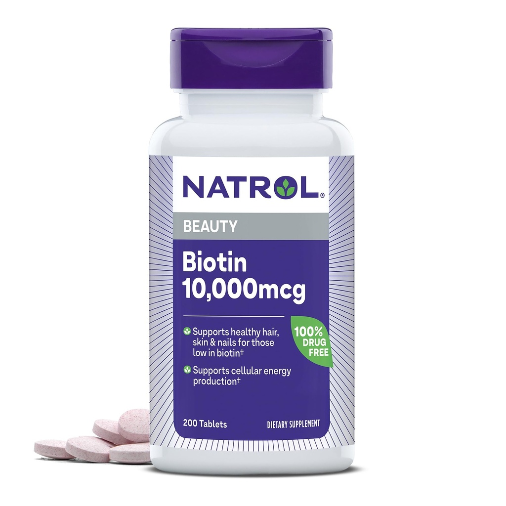 Natrol Biotin 10000mcg, Supplement for Healthy Hair, Skin and Nails for Those Low in Biotin, Plus Energy Metabolism Support, 200 Tablets, Up to a 200 Day Supply