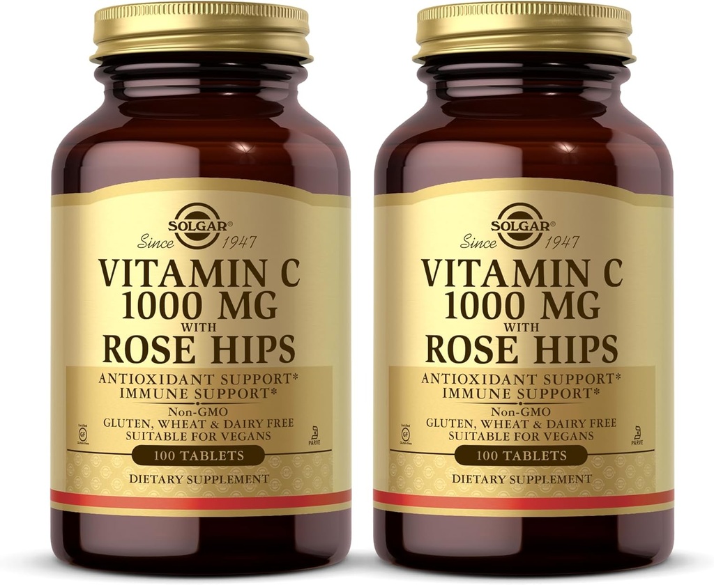 Solgar Vitamina C 1000 mg con Rosa HIPS - 100 Tabletas, Pack de 2 - Antioxidante &amp; Immune Support - Non-GMO, Vegan, Gluten Free, Dairy Free, Kosher - 200 Total Servings