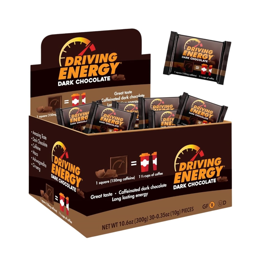 Conducir energía - Caffeinated Energy Bite Size - Dark Chocolate Fuel with 150mg Caffeine - Larga duración para gimnasio, entrenamiento, adultos - Gran sabor - Low Carb - Healthy Snack - 30 cuenta