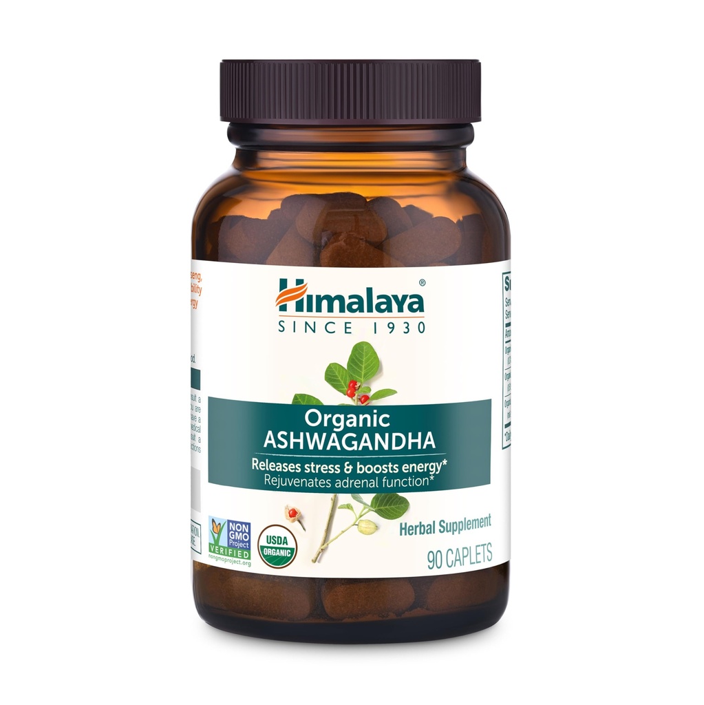 Himalaya Organic Ashwagandha, 90 Day Supply, Herbal Supplement for Stress Relief, Energy Support, Occasional Sleeplessness, USDA Certified Organic, Non-GMO, Vegan, Gluten Free, 670 mg, 90 caplets