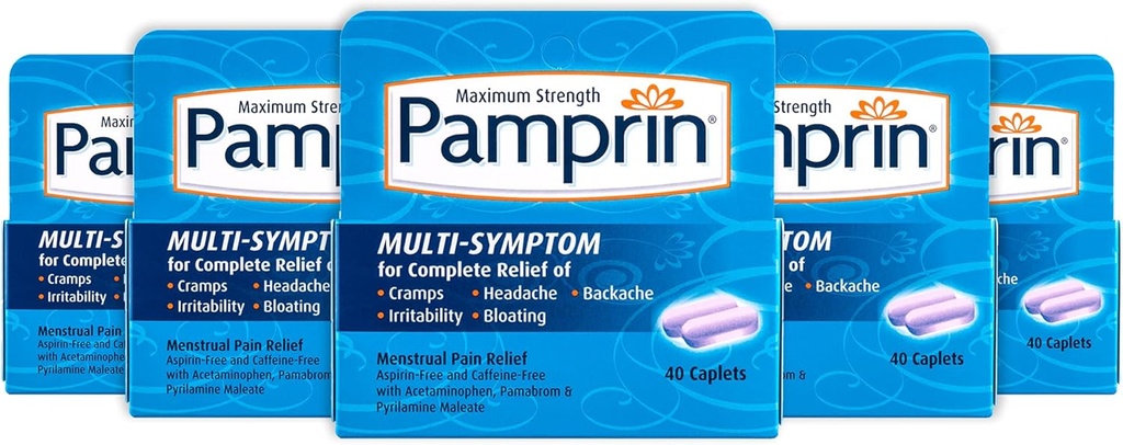 Pamprin Multi-Symptom Formula, with Acetaminophen, Menstrual Period Symptoms Relief including Cramps, Pain, Irritability and Bloating, 40 Caplets (Pack of 5)