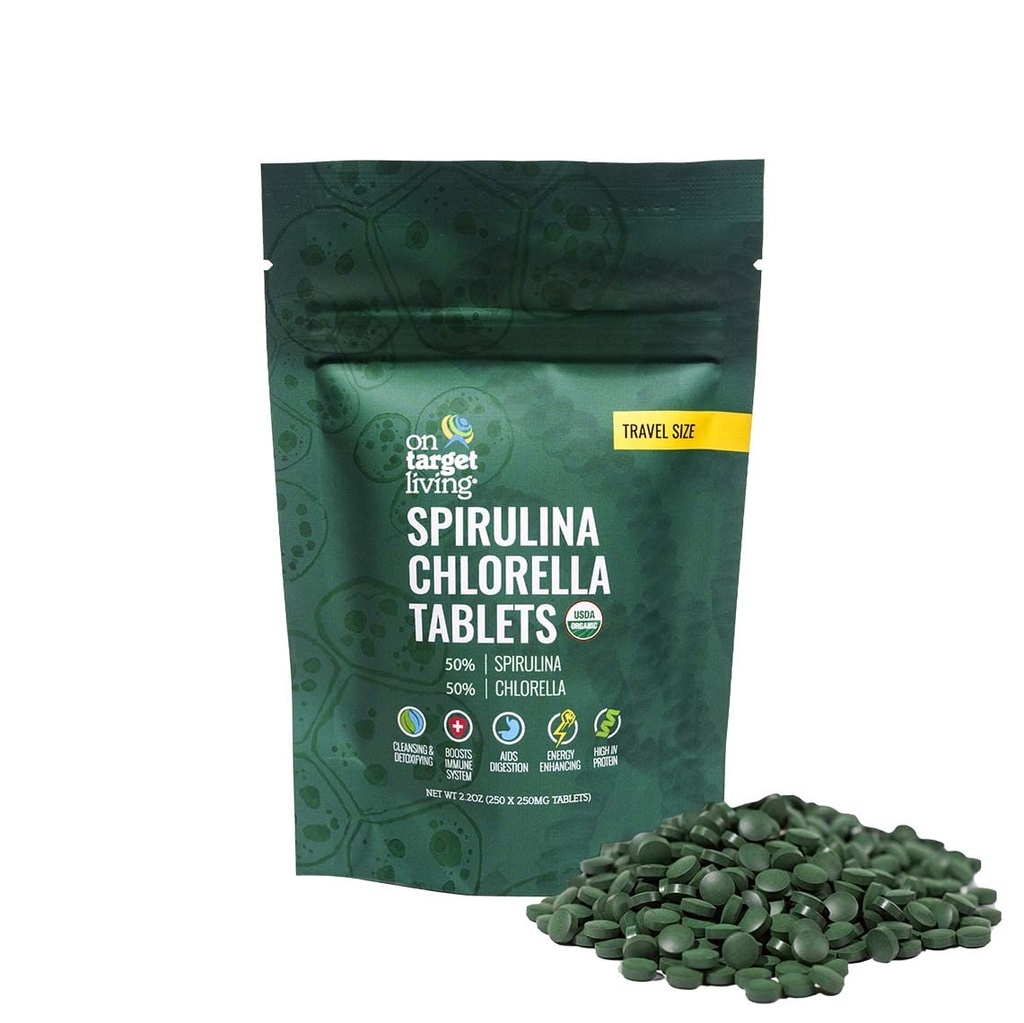On Target Living Organic Spirulina Chlorella Travel Size ← Super Greens ← USDA Orgánica tención 250 Tablets- 250 G (2.2 oz) Silencio Vegan Silencio Immune Support ◾ Alkalyzing  Protein Dense