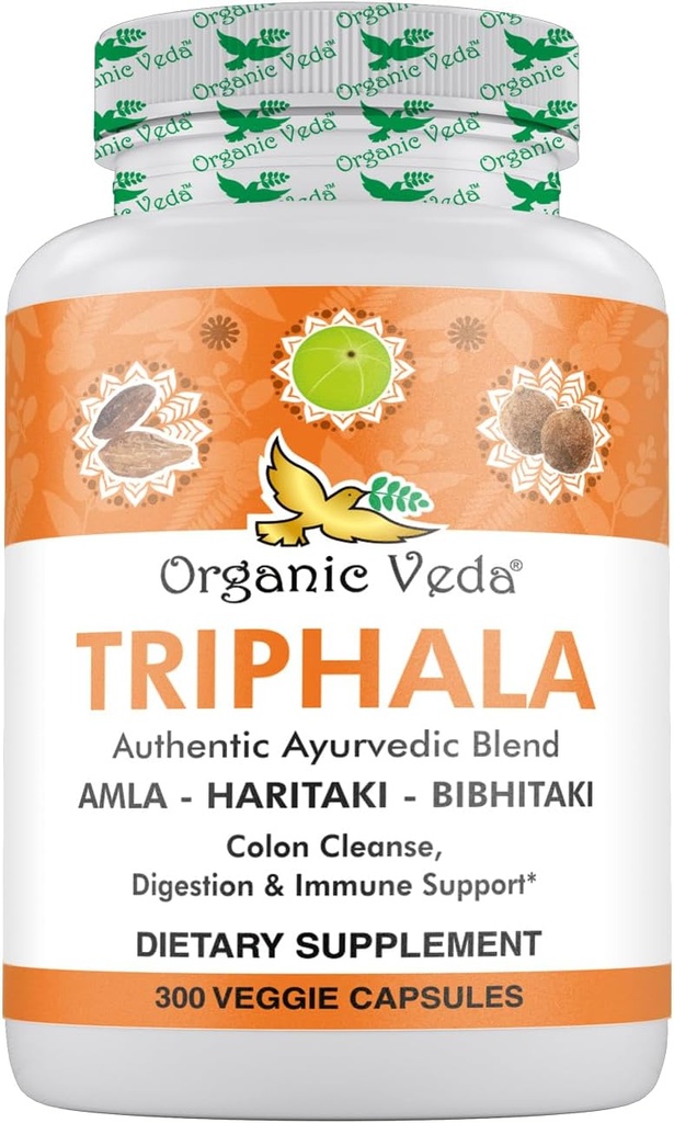 Orgánica Veda Triphala Powder 300 cápsulas, 1000mg - Suplemento Orgánica Triphala para Limpiar el Colón, Inmune, Gut &amp; Digestion Salud - Todos los Antioxidantes Verdes Amla, Haritaki &amp; Bibhitaki - Píldoras Vegan