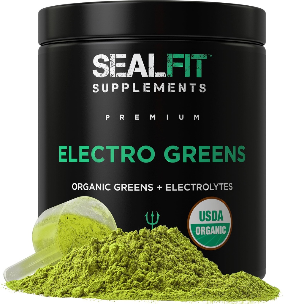 SEALFIT ElectroGreens - USDA Organic Greens Superfood + Electrolytes Powder. 25+ Superfoods for Energy and Hydration. Super Green Juice y Electrolyte Powder Inspirado por el antiguo sello de la Marina Marca Divina