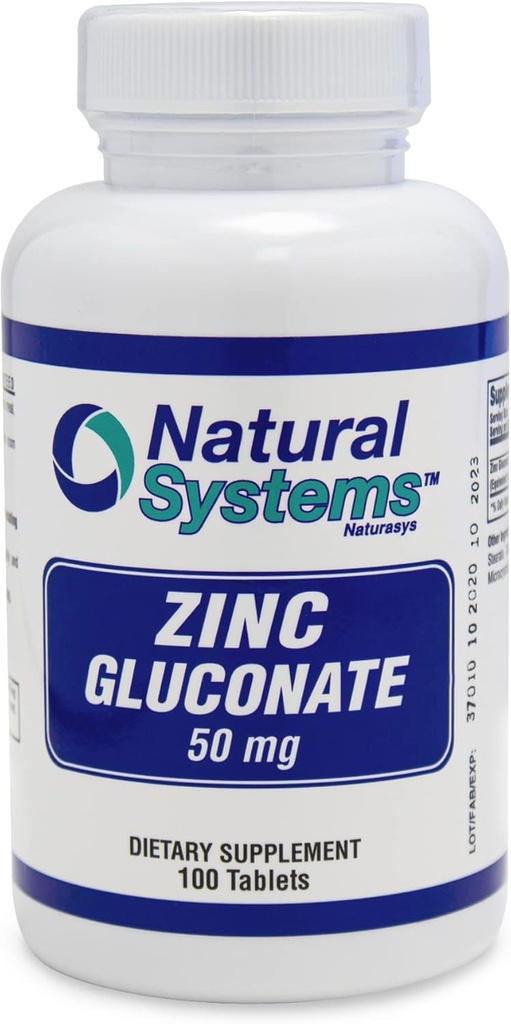 Sistemas naturales Zinc Gluconate 50 mg - Apoya su sistema inmunológico - Ayuda a la fuerza ósea y muscular - Minerales elementales para su dieta - Gran suplemento nutricional